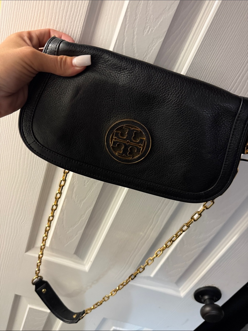 Tory Burch Black Pebbled Leather Crossbody with Gold Logo